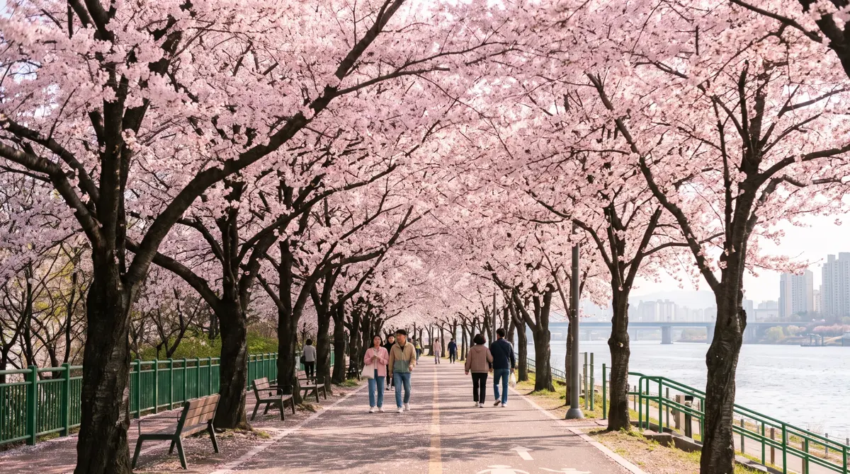 Korea in April: a riverside path in Seoul under a tunnel of cherry blossoms in full bloom