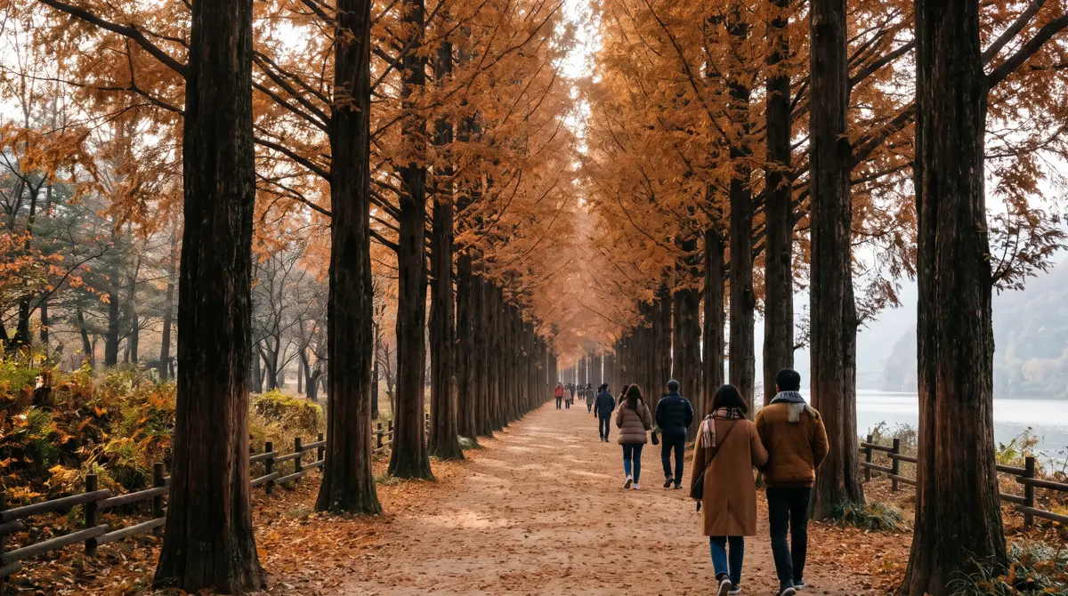 Gapyeong day trip: the metasequoia avenue on Nami Island in autumn with fallen leaves