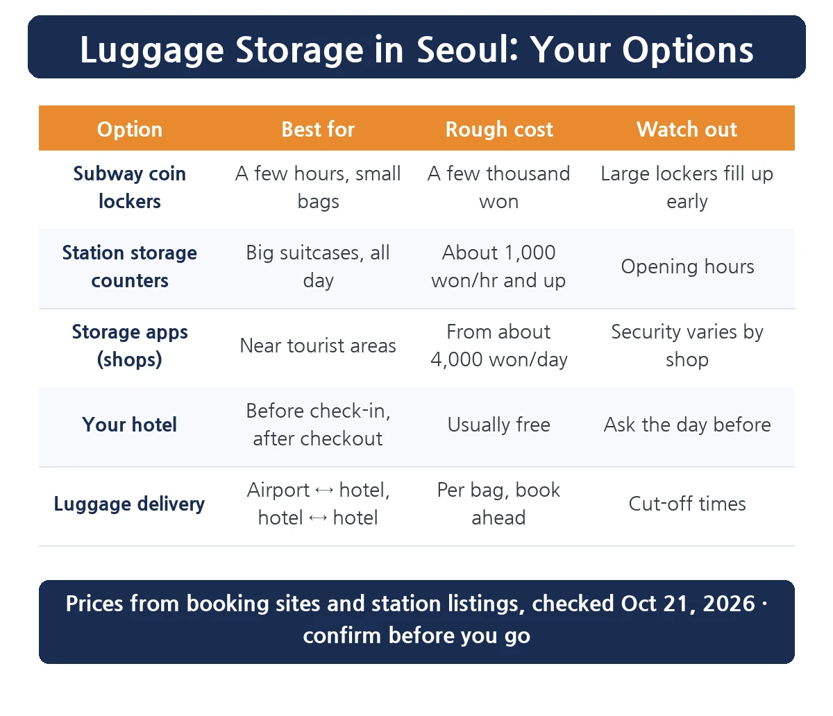 Luggage storage in Seoul options table