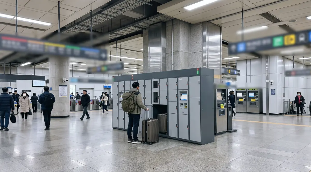 Luggage storage in Seoul: a traveler with a suitcase next to coin lockers in a subway station