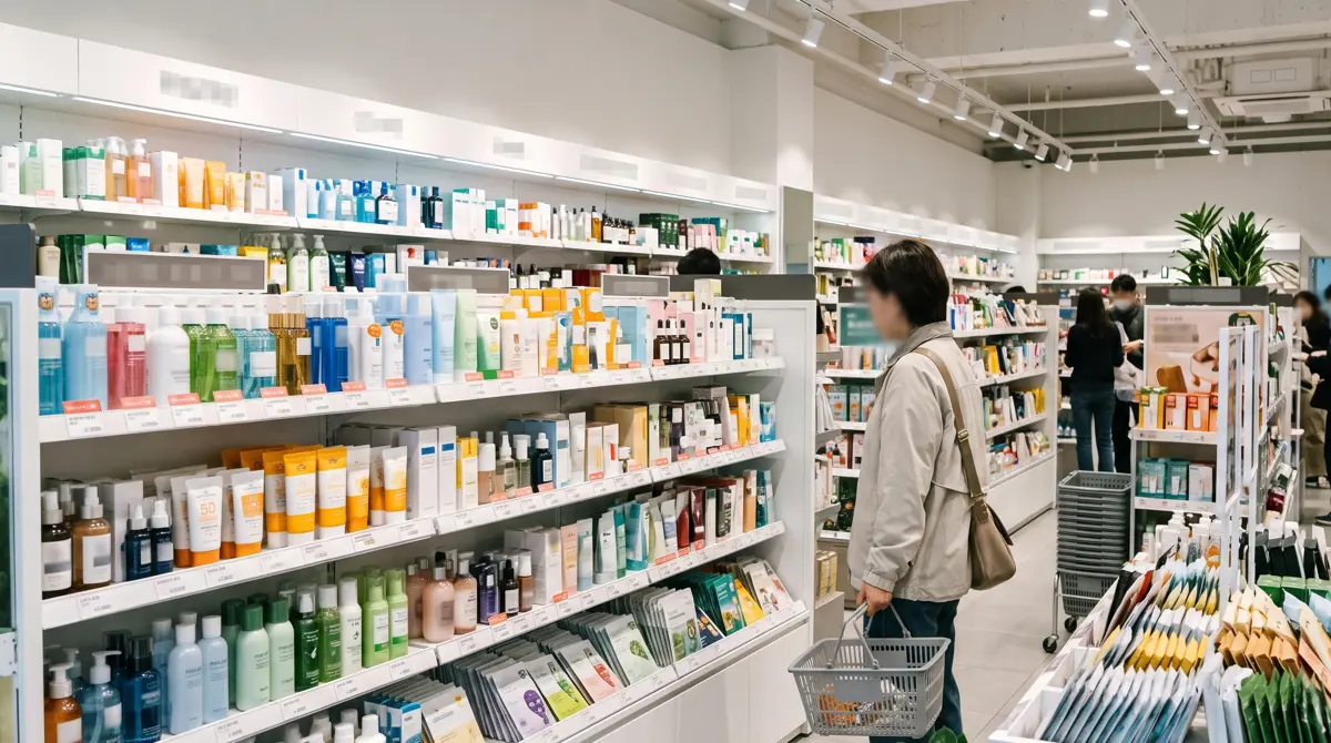 Olive Young in Korea: shelves of skincare and sheet masks inside a bright beauty store in Seoul