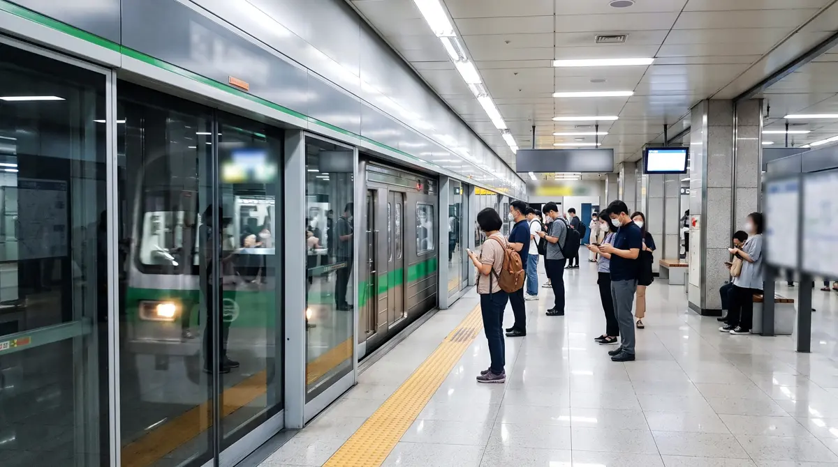 Seoul subway: commuters waiting behind platform screen doors as a green-striped train arrives