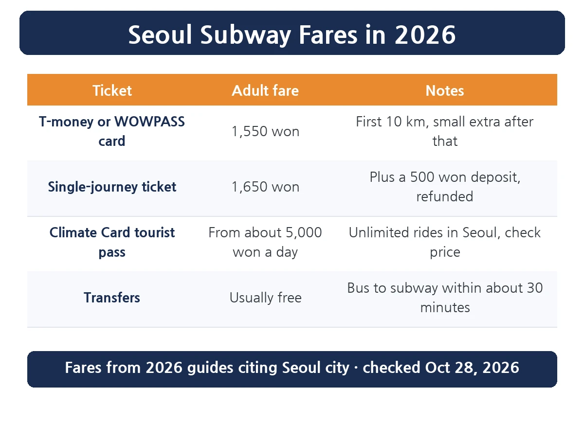 Seoul subway fare table 2026