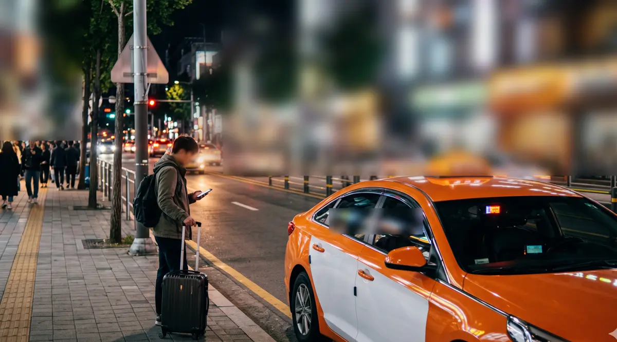 An orange Korean taxi at the curb at night while a traveler checks a taxi app