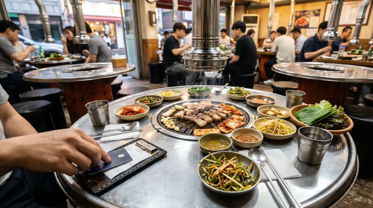 Tipping in Korea: a table at a Korean barbecue restaurant in Seoul with side dishes and a bill tray